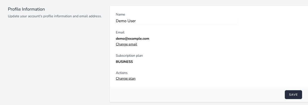 The Profile Information section with the Name and Email fields, the Subscription plan and the Actions links