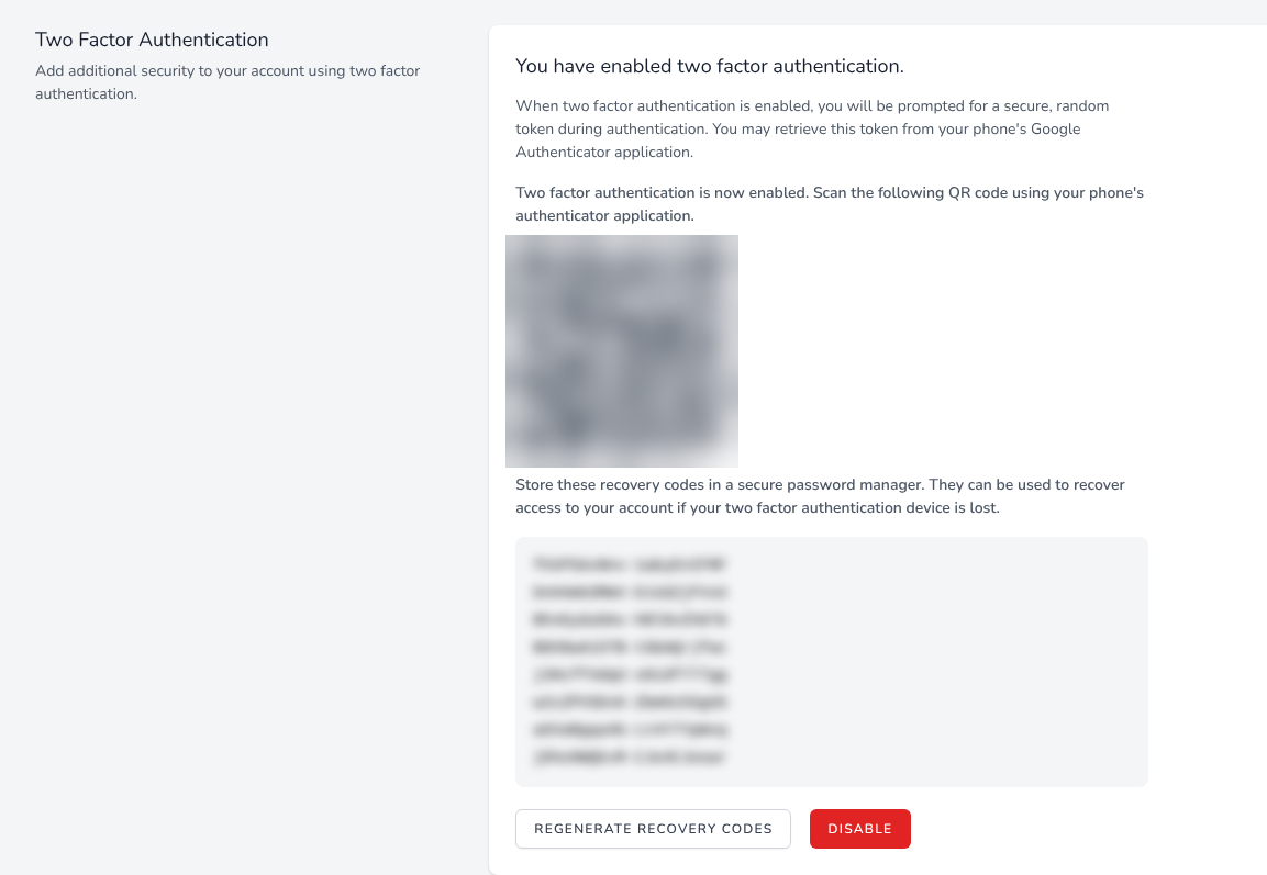 The Two Factor Authentication section after enabling, showing the QR code and recovery codes