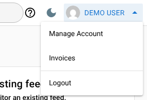 The account menu open in the top bar, showing Manage Account, Invoices and Logout
