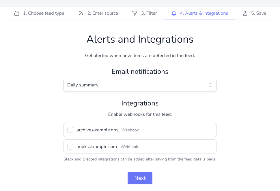 The Alerts and Integrations step, with the Email notifications menu and the list of webhook integrations