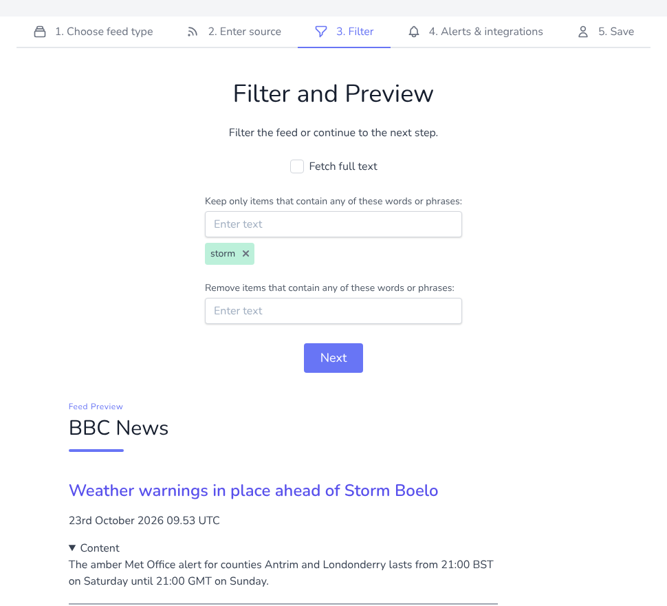The Filter and Preview step, with the Fetch full text option, the keep and remove filter fields and a preview of the feed's items
