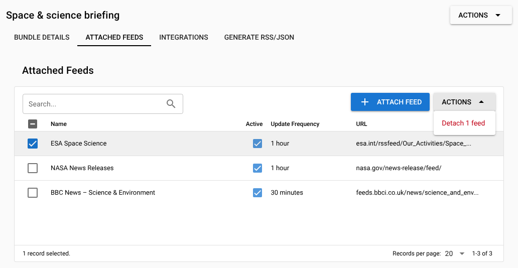 A bundle's Attached Feeds tab showing three feeds, with the Attach Feed button and the Actions menu