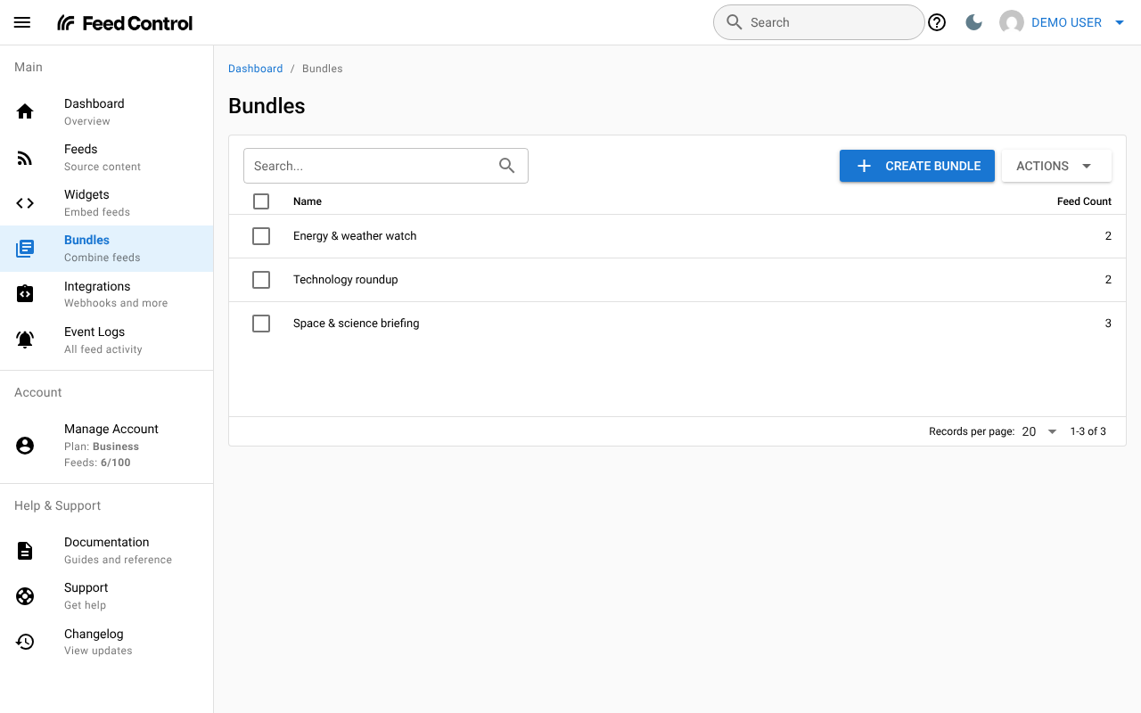 The Bundles screen listing three bundles with their feed counts, and the Create Bundle button
