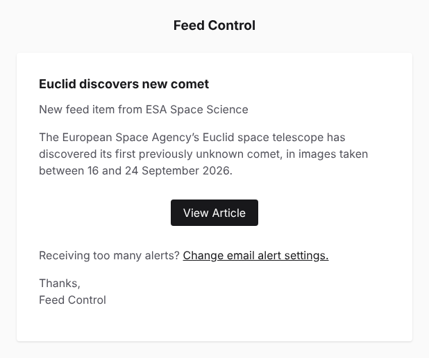 A new item email, with the item title, the feed name, an excerpt, the View Article button and the Change email alert settings link