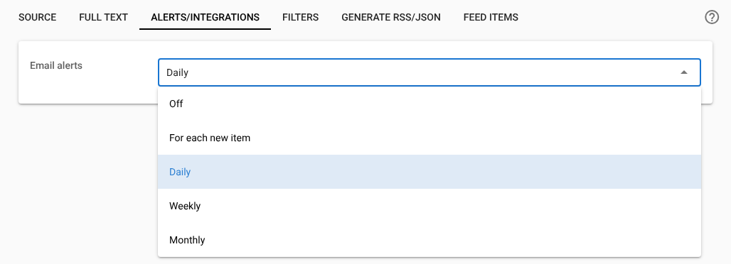The Alerts/Integrations tab in edit mode, with the Email alerts menu open