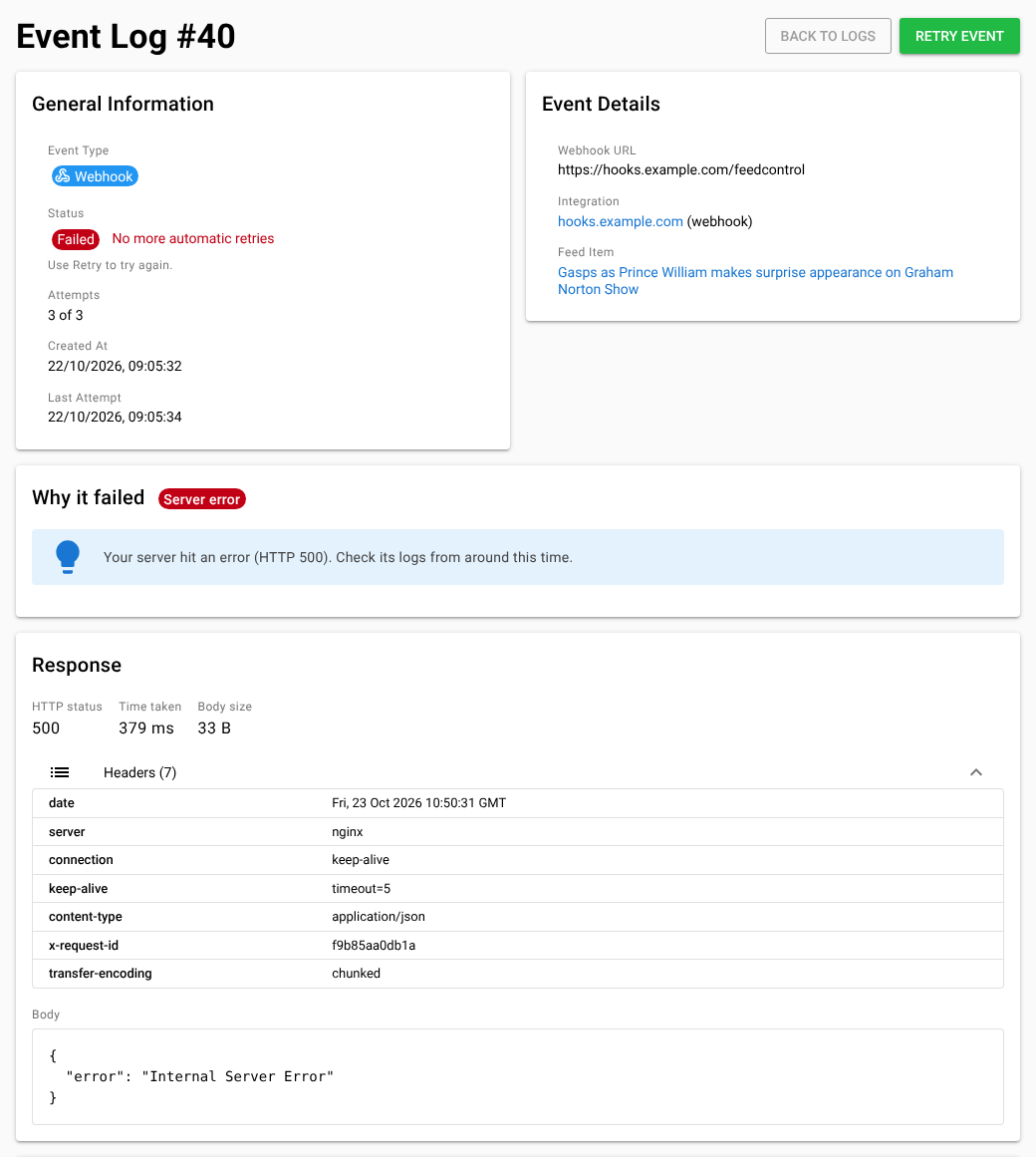 The details of a failed webhook delivery, showing the Why it failed card with a hint, and the Response card with the HTTP status, headers and body