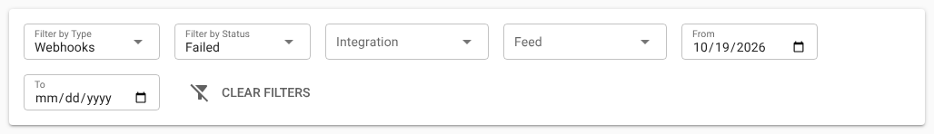 The filters card with a type, a status and a date selected, and the Clear filters button