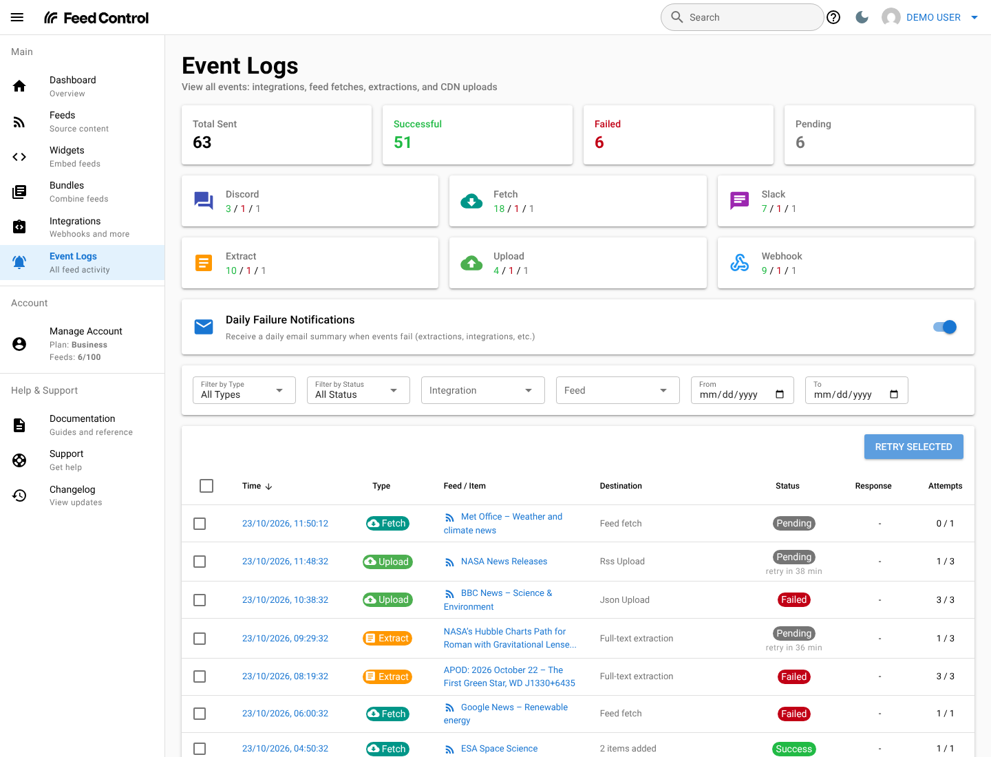 The Event Logs screen with statistics cards, the Daily Failure Notifications switch, the filters and a list of events of different types and statuses