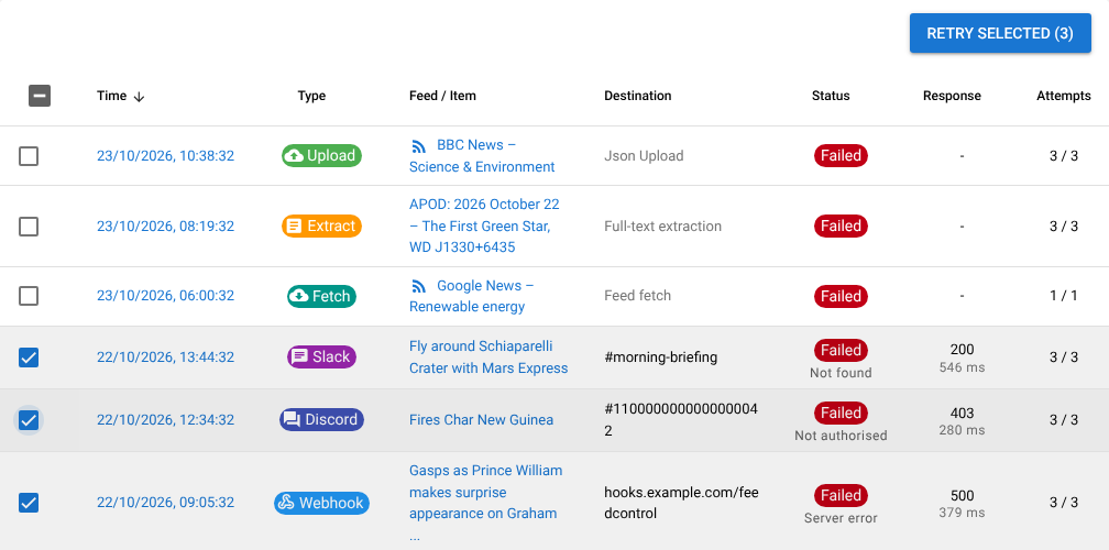 Three failed events ticked in the list, with the Retry Selected (3) button