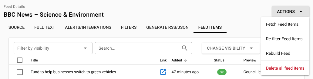 The feed-level Actions menu open, showing Fetch Feed Items, Re-filter Feed Items, Rebuild Feed and Delete all feed items