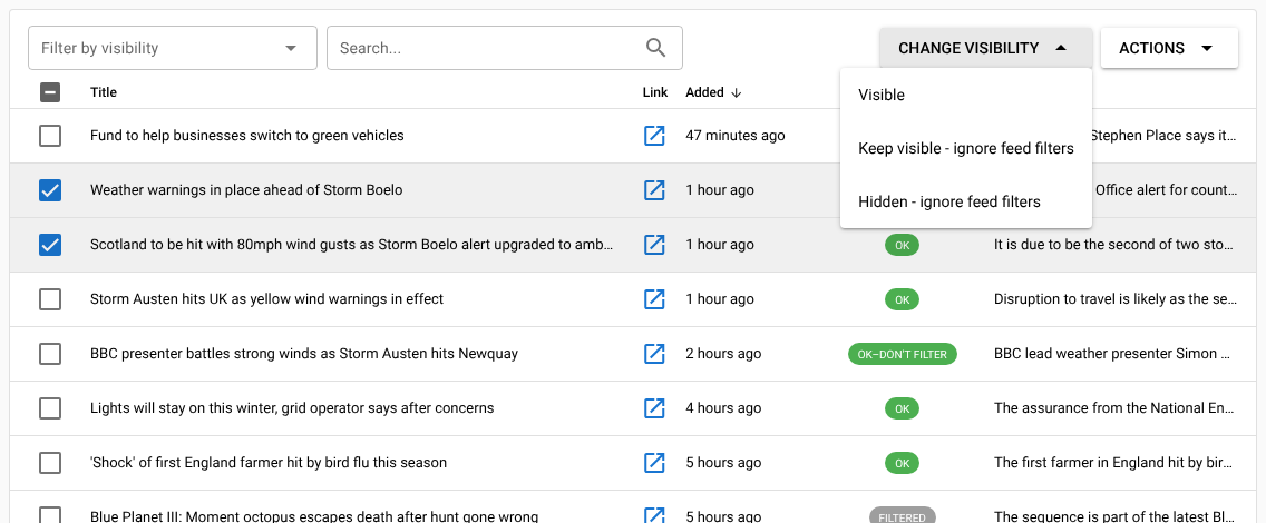 The Feed Items tab with two items selected and the Change visibility menu open