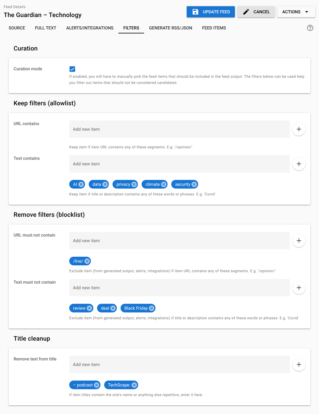 The Filters tab in edit mode, showing the Curation, Keep filters, Remove filters and Title cleanup sections