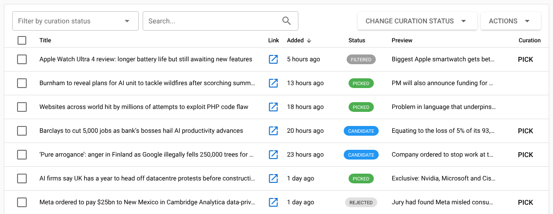 The Feed Items tab of a feed in curation mode, with CANDIDATE, PICKED and FILTERED statuses and Pick buttons in the Curation column