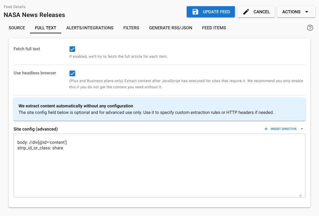 The Full text tab in edit mode, with Fetch full text and Use headless browser ticked, the automatic extraction note and the Site config (advanced) box