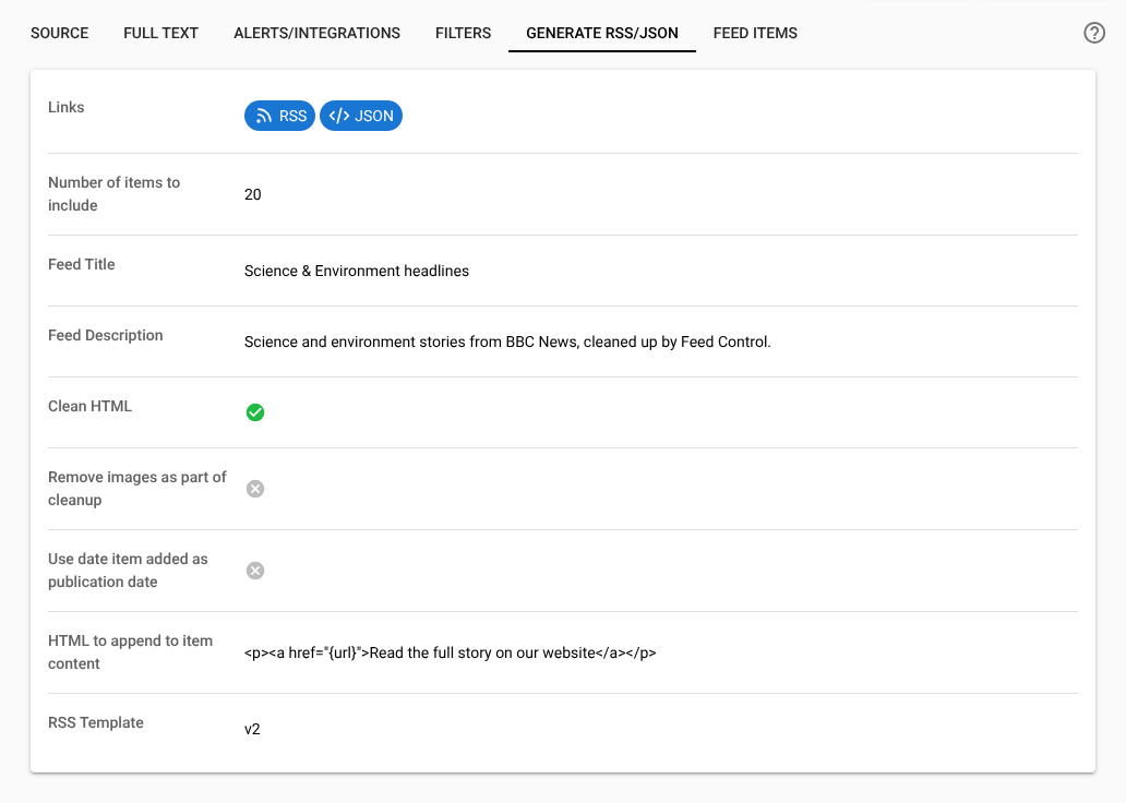 The Generate RSS/JSON tab showing RSS and JSON buttons next to Links
