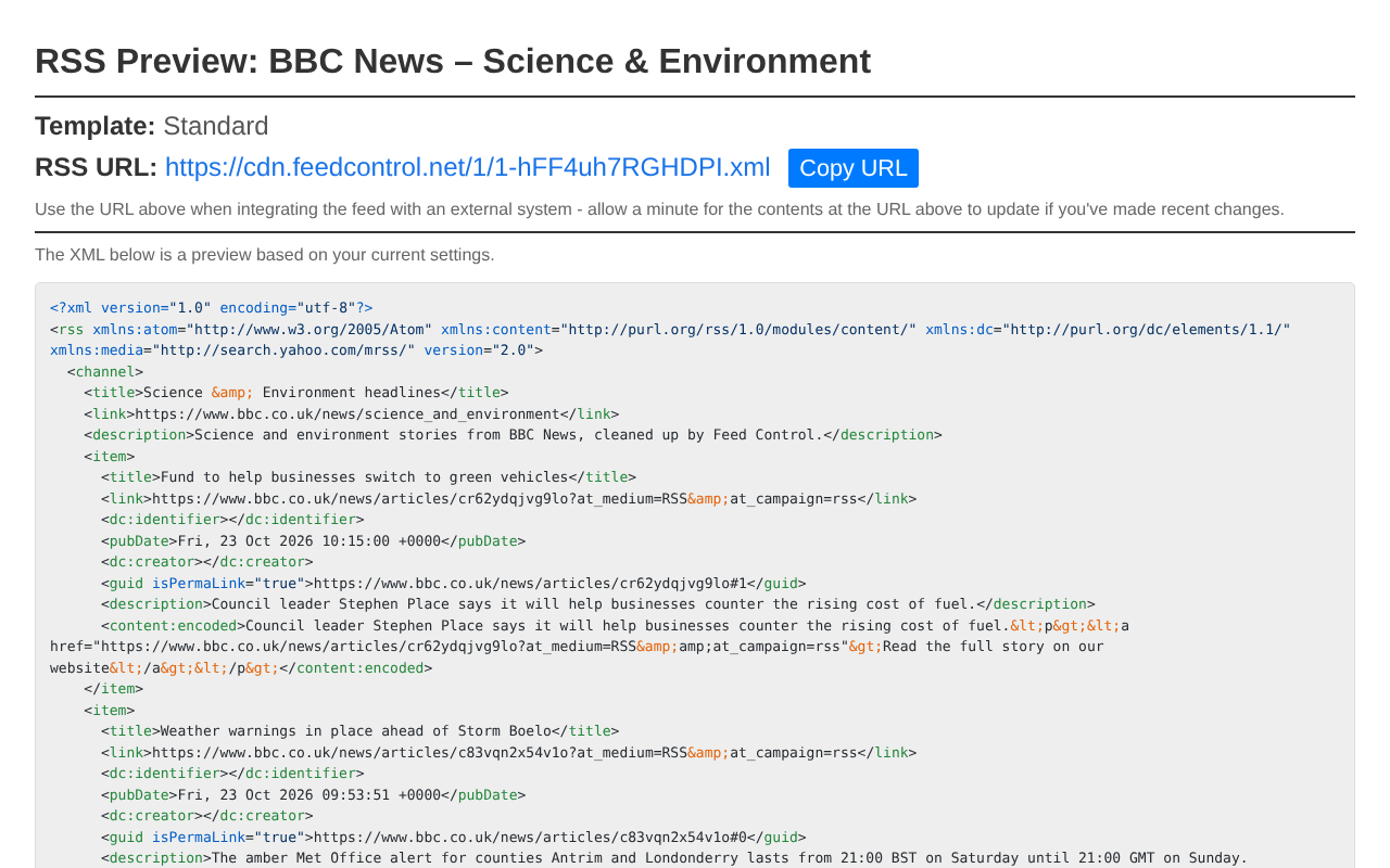 The RSS preview page showing the template, the RSS URL with its Copy URL button, and the XML preview
