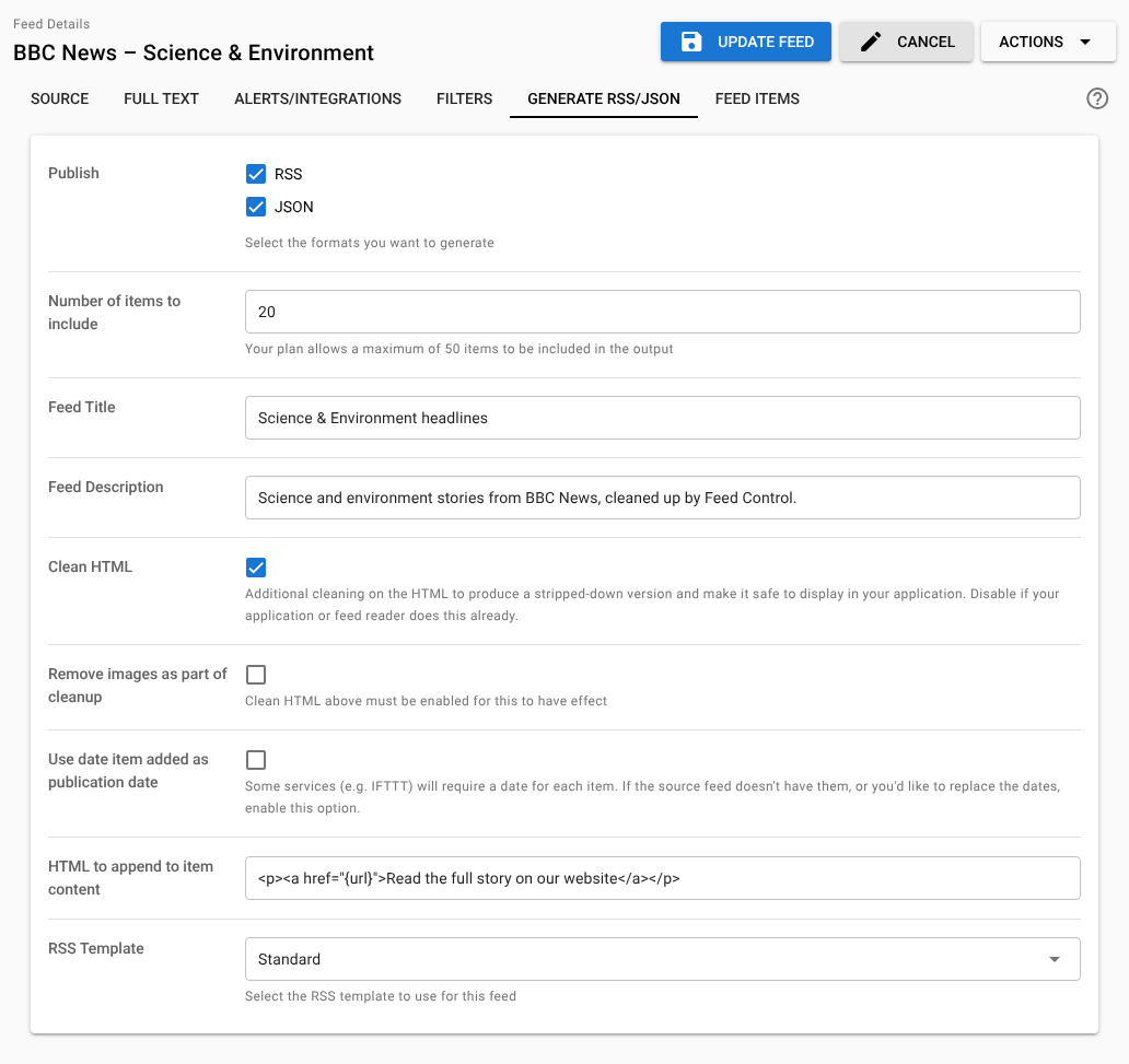 The Generate RSS/JSON tab in edit mode with RSS and JSON ticked under Publish and the output settings below