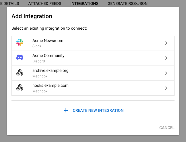 The Add Integration dialog opened from a bundle's Integrations tab, listing a Slack, a Discord and a webhook integration
