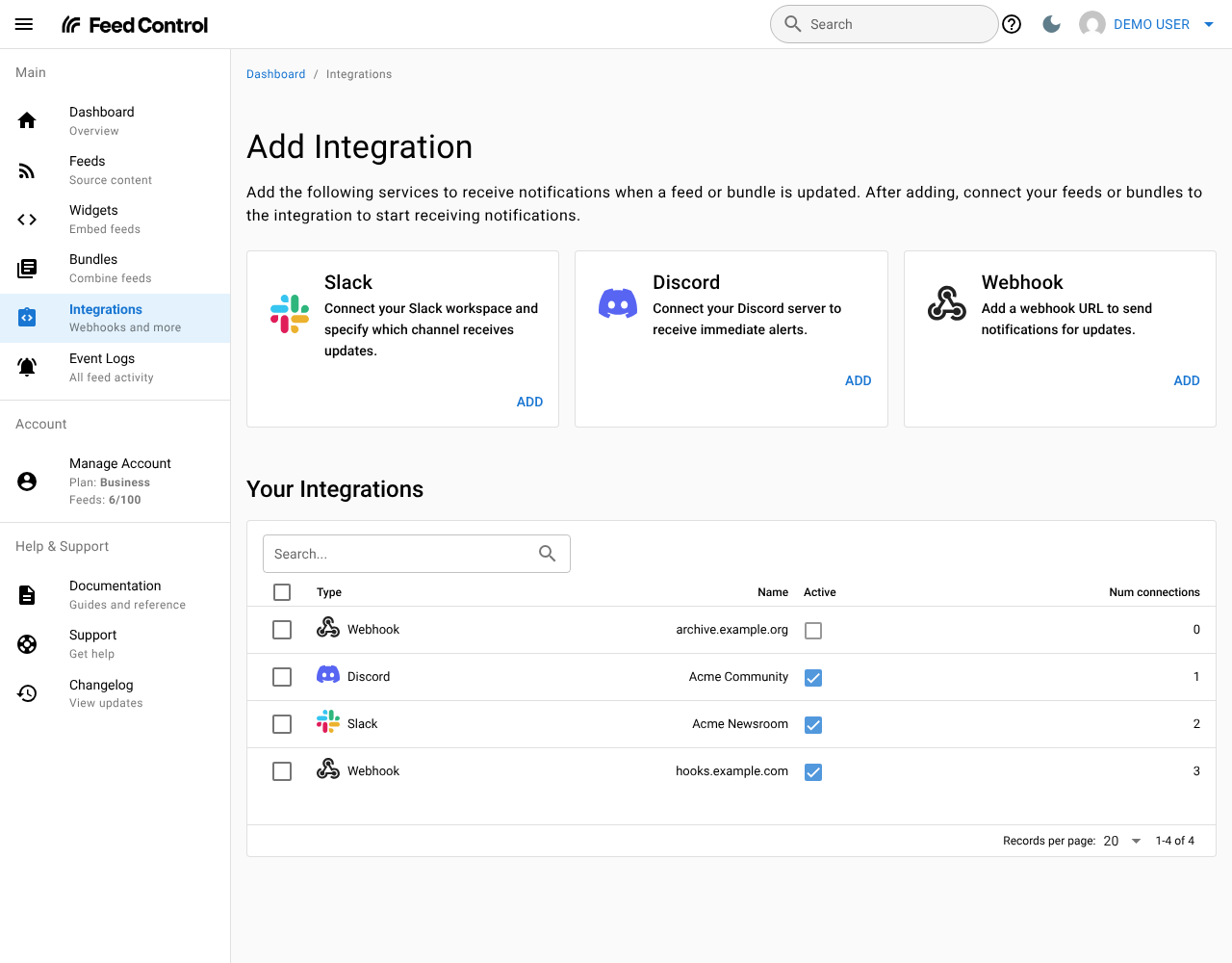 The Integrations screen with the Slack, Discord and Webhook cards above the Your Integrations table