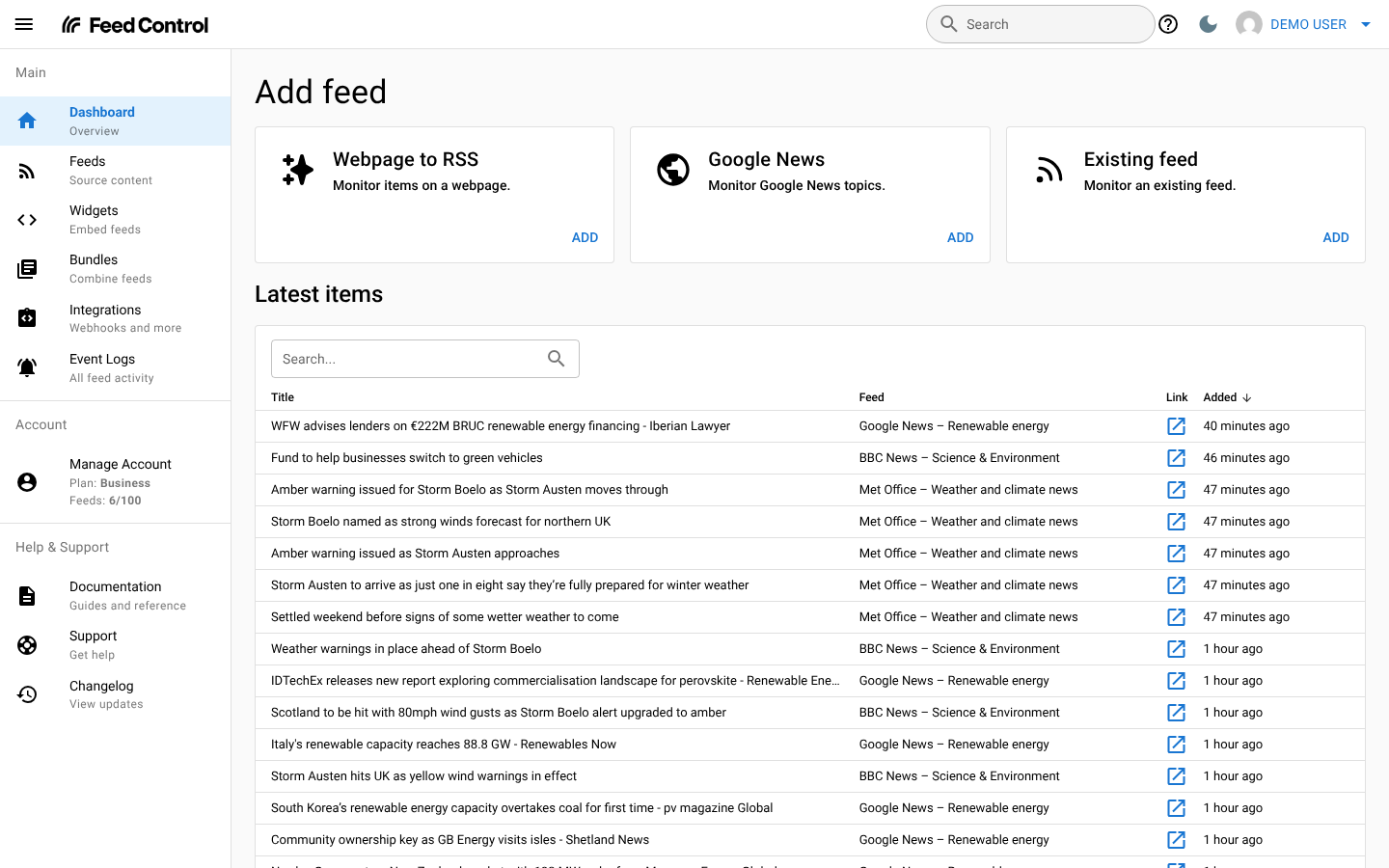 The Feed Control dashboard with the sidebar, the Add feed cards and the latest items from all feeds