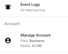 The Manage Account entry in the sidebar showing the plan name and the number of feeds used out of the plan's limit