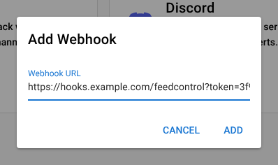The Add Webhook dialog with a URL entered in the Webhook URL field