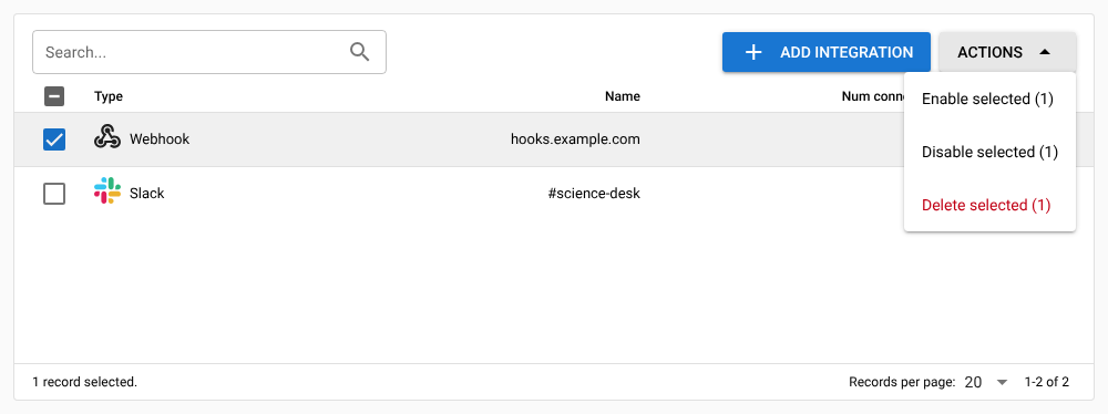 A feed's Alerts/Integrations tab with a webhook connection selected and the Actions menu open, showing Enable selected, Disable selected and Delete selected