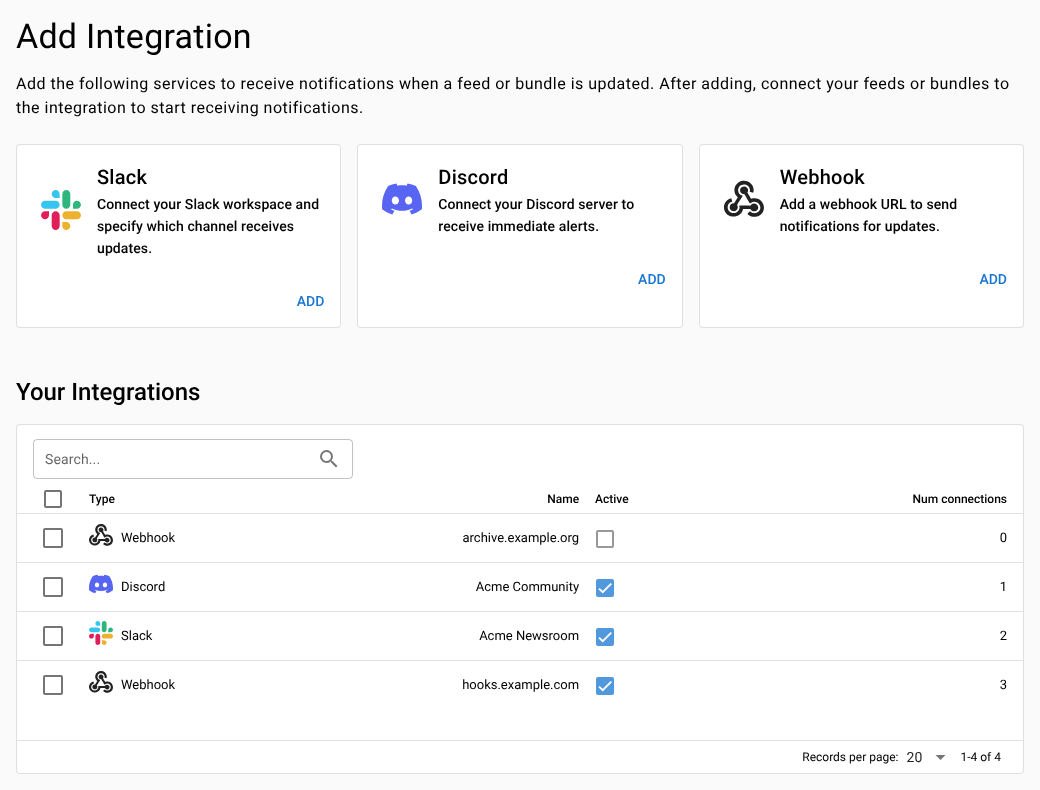 The Integrations screen with the Slack, Discord and Webhook cards under Add Integration, and existing integrations listed under Your Integrations
