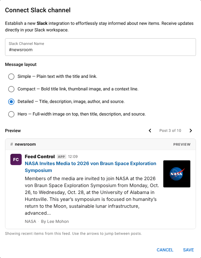 The Connect Slack channel dialog with a channel name entered, the Detailed layout selected, and a preview of a post