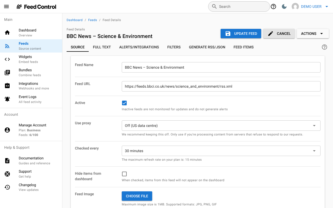 The Source tab in edit mode, with the Update Feed and Cancel buttons at the top right