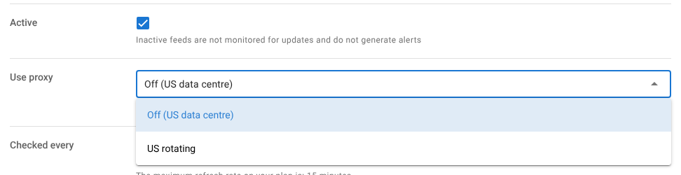 The Use proxy setting on the Source tab, with the Off (US data centre) and US rotating options