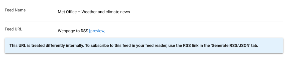 The Source tab for a Webpage to RSS feed, with Feed URL shown as Webpage to RSS [preview] and the note about using the RSS link