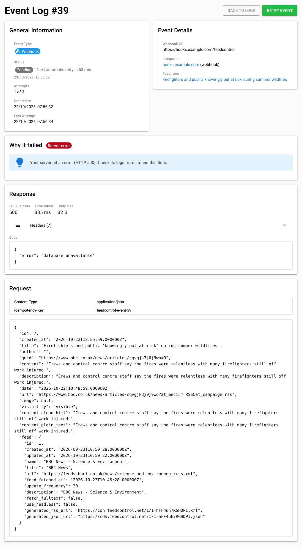 A failed webhook delivery's details, showing Why it failed with a hint, the Response section with the status code and body, and the Request section with headers and payload