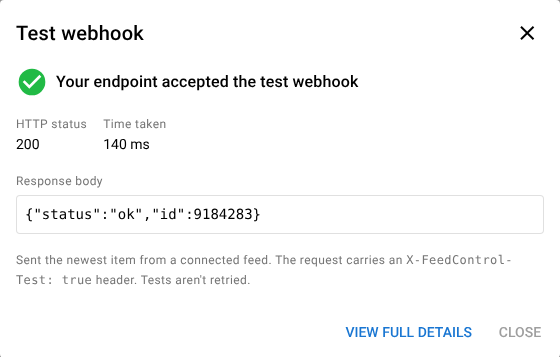 The Test webhook dialog after a successful test, showing the HTTP status, time taken and the endpoint's response body