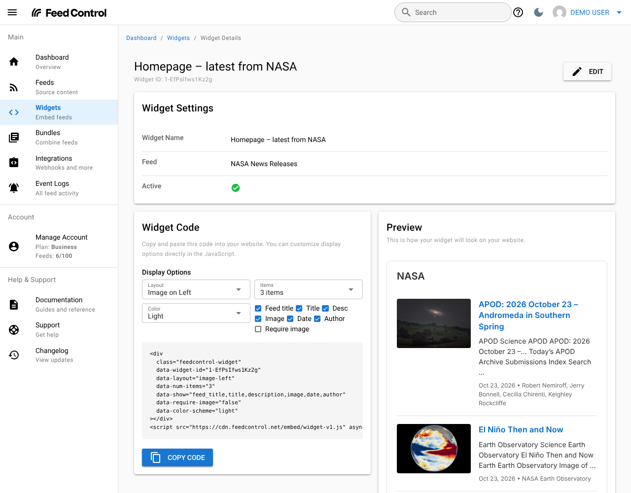 The widget page with Display Options, the embed code and the Copy Code button on the left, and the live preview on the right